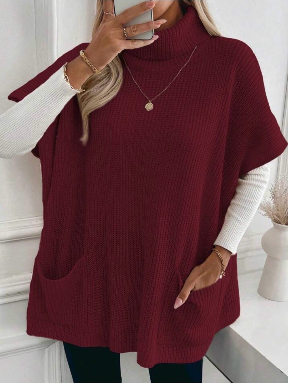 Women's Turtleneck Knit Poncho Sweater - Burgundy